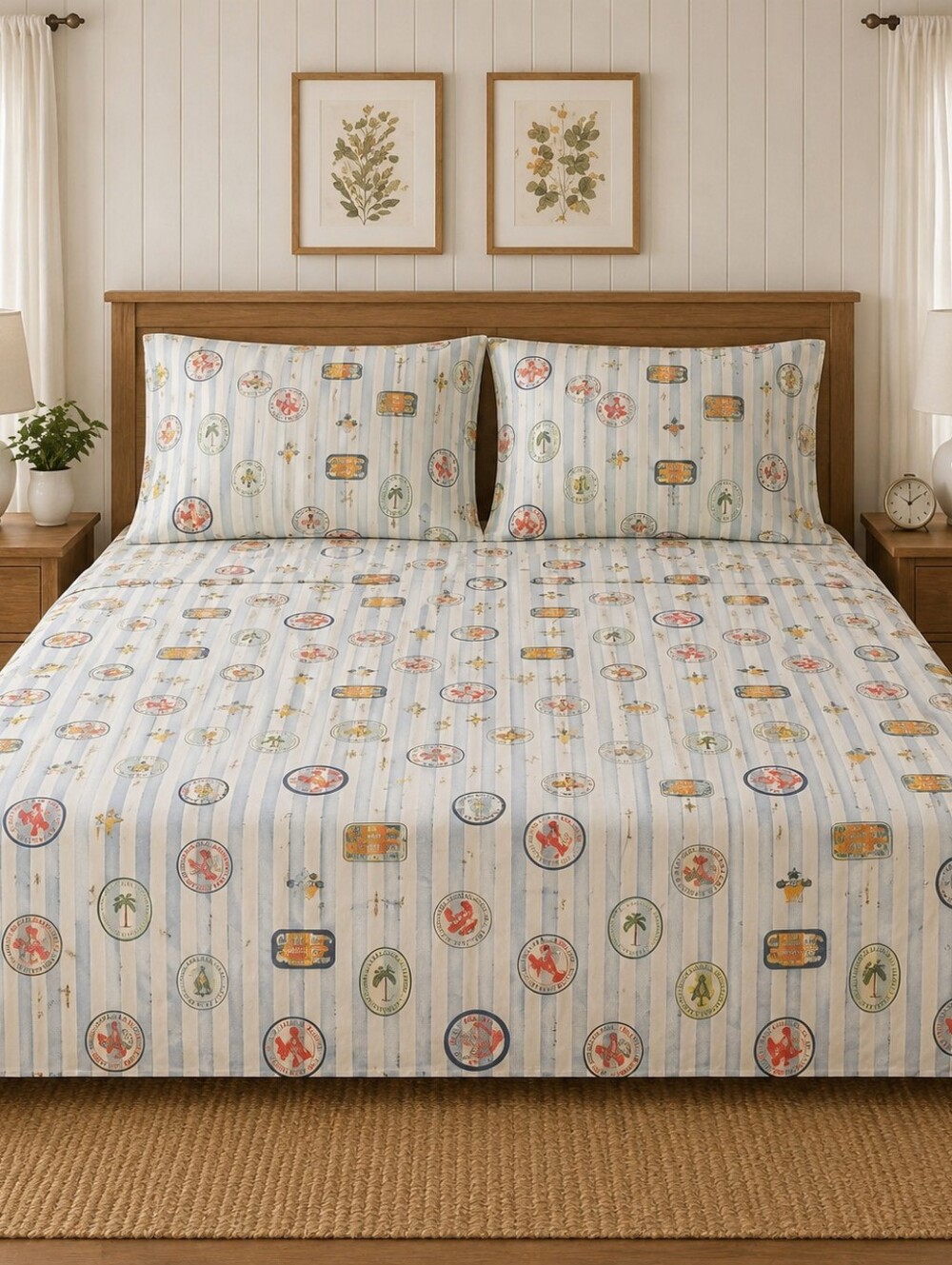 Coastal Nautical Queen 6 Piece Sheet Set Blue Striped Lobster Lemon Palm Tree